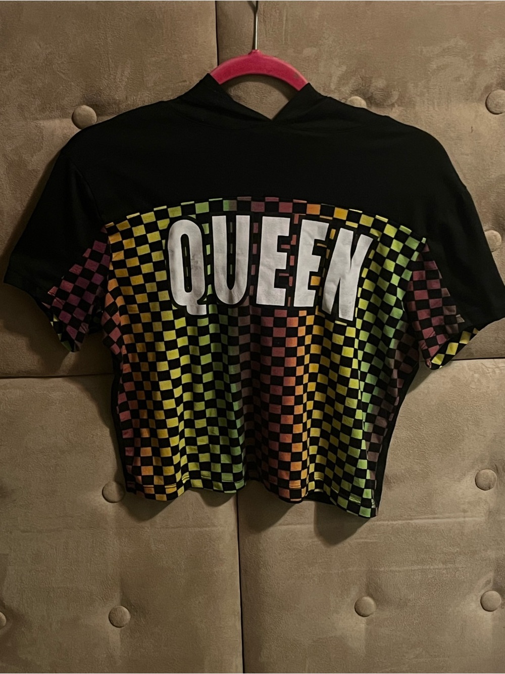 Que Black Hoodie with Yellow, Green, Red & Orange Checkerboard and QUEEN Print